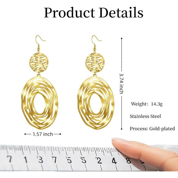 Big Gold Hollow Out Boho Geometric Hook Statement Gold Hoop Dangle Earrings - Picture 5 of 8
